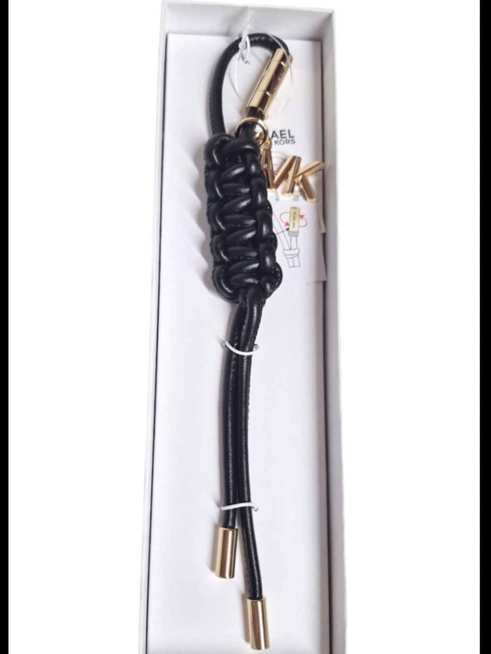 NIB/NWT Michael Kors Black Braided Leather Tassel Key Fob with Gold Accents